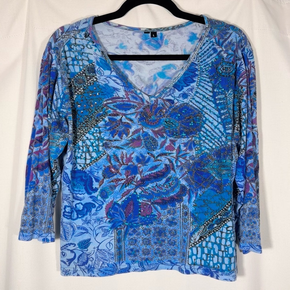Vintage Abstract Floral Print Beaded Top